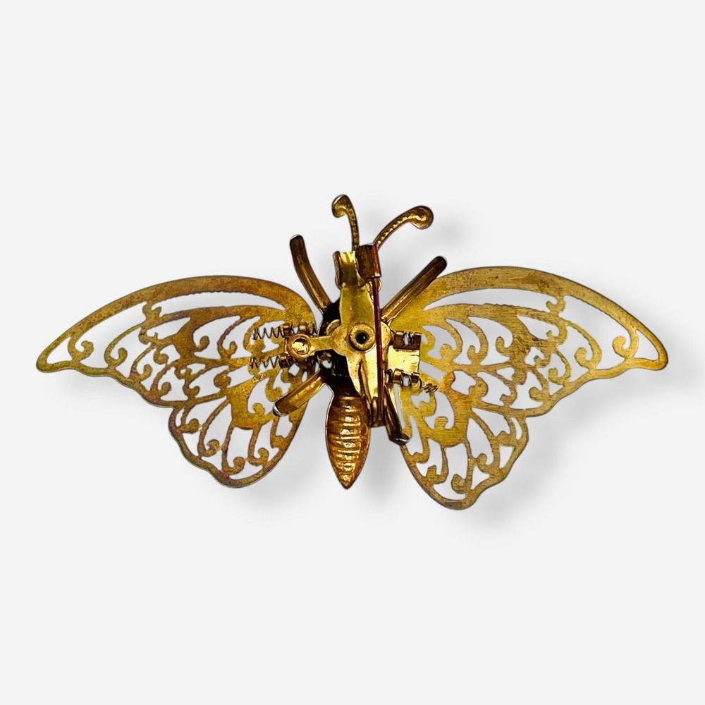 Vintage Butterfly Trembler Gold Tone Brooch Pin Spring Moving - Picture 3 of 7